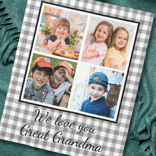 Great Grandma Gray Buffalo Plaid 4 Photo Collage フリースブランケット