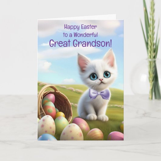 Great Grandson Happy Easter with Cute White Kitten カード (正面)