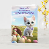Great Grandson Happy Easter with Cute White Kitten カード (黄色い花)