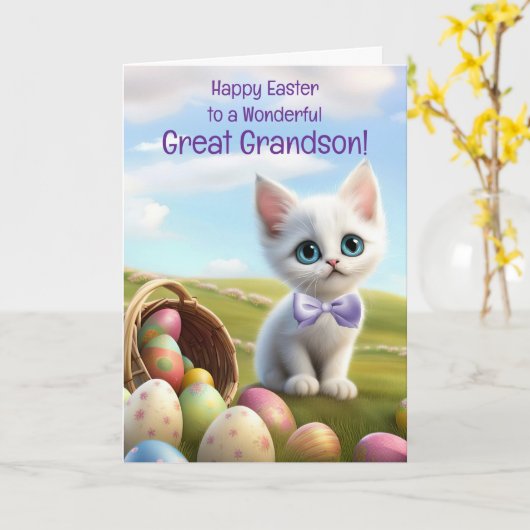 Great Grandson Happy Easter with Cute White Kitten カード (黄色い花)