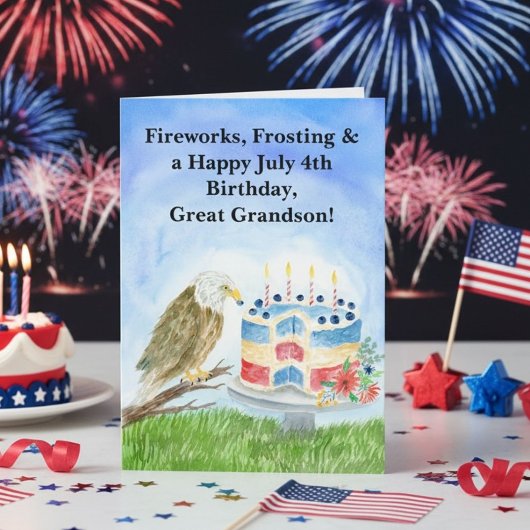 Great Grandson July 4th Birthday Bald Eagle, Cake  カード