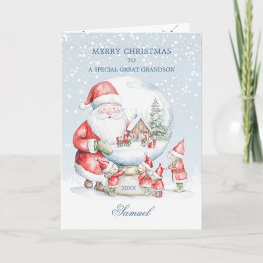 Great Grandson Snow Globe Santa Elf Christmas シーズンカード (正面)