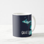 Great Lakes Michigan State Map Blue Watercolor コーヒーマグカップ (正面右)