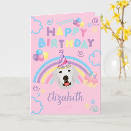 Great Pyrenees Birthday Card in Pink カード (黄色い花)