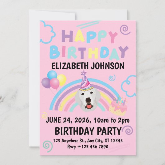 Great Pyrenees Birthday Invitation Pink 招待状 (正面)