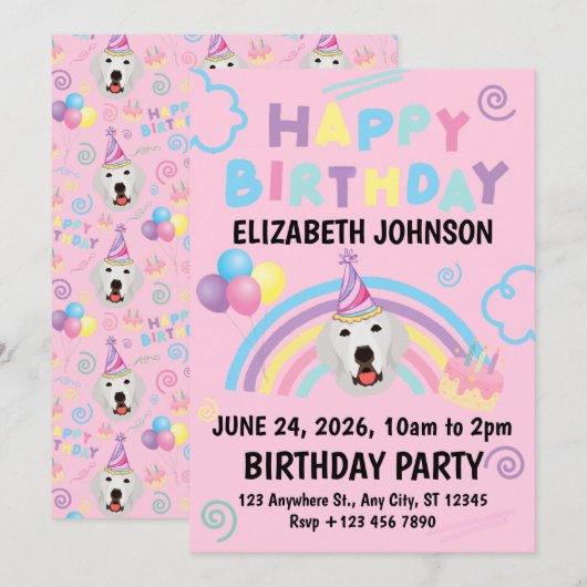 Great Pyrenees Birthday Invitation Pink 招待状 (正面/裏面)
