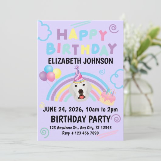 Great Pyrenees Birthday Invitation Purple 招待状 (スタンド正面)