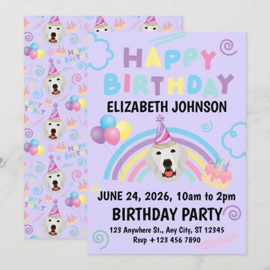 Great Pyrenees Birthday Invitation Purple 招待状 (正面/裏面)