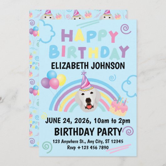 Great Pyrenees Birthday Party Invitation Blue 招待状 (正面/裏面)