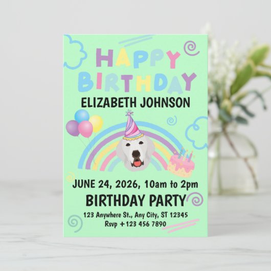 Great Pyrenees Birthday Party Invitation Green 招待状 (スタンド正面)
