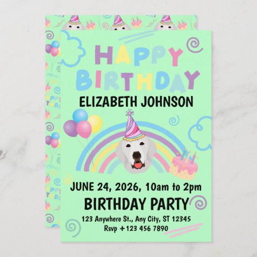 Great Pyrenees Birthday Party Invitation Green 招待状 (正面/裏面)