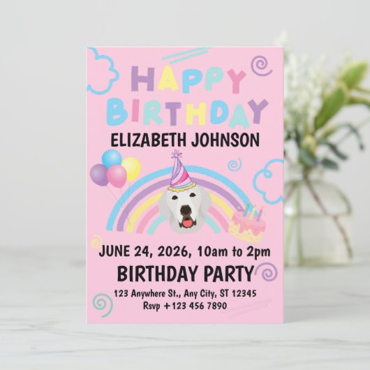 Great Pyrenees Birthday Party Invitation Pink 招待状 (スタンド正面)