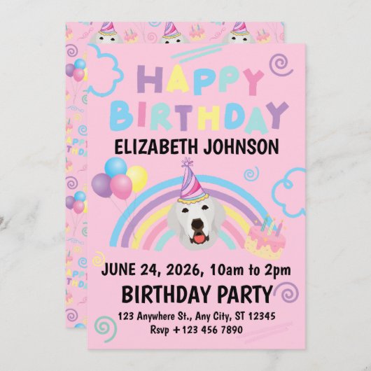 Great Pyrenees Birthday Party Invitation Pink 招待状 (正面/裏面)