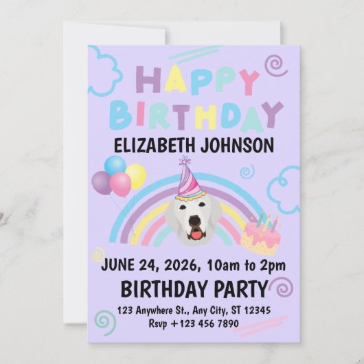 Great Pyrenees Birthday Party Invitation Purple 招待状 (正面)