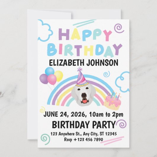 Great Pyrenees Birthday Party Invitation White 招待状 (正面)