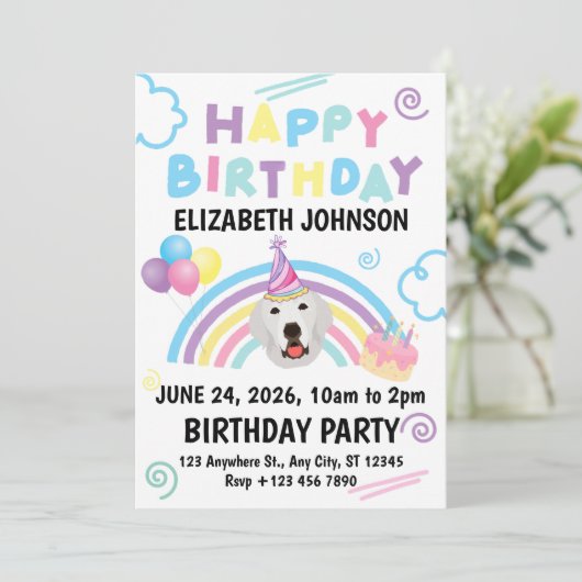 Great Pyrenees Birthday Party Invitation White 招待状 (スタンド正面)