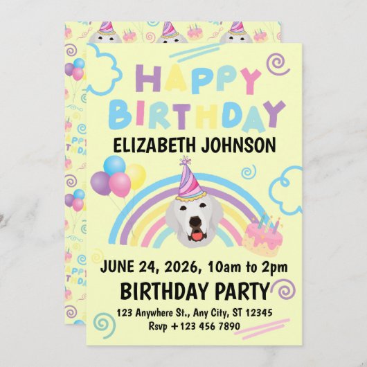 Great Pyrenees Birthday Party Invitation Yellow 招待状 (正面/裏面)