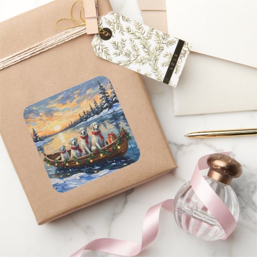 Great Pyrenees Christmas Boat Holiday スクエアシール (ギフト)