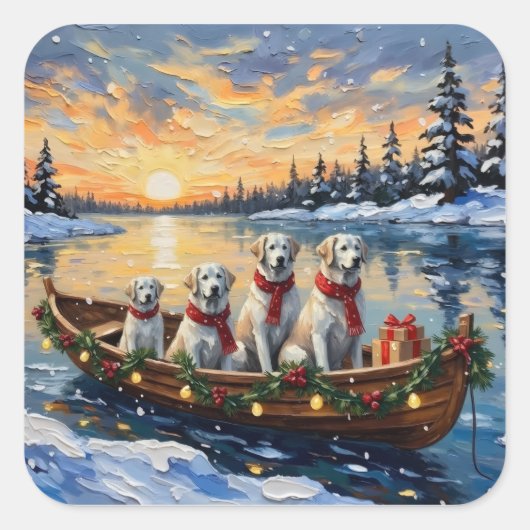 Great Pyrenees Christmas Boat Holiday スクエアシール (正面)
