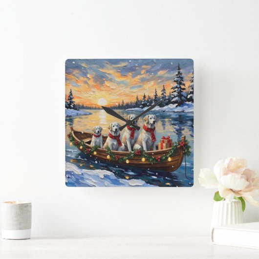 Great Pyrenees Christmas Boat Holiday スクエア壁時計 (ホーム)