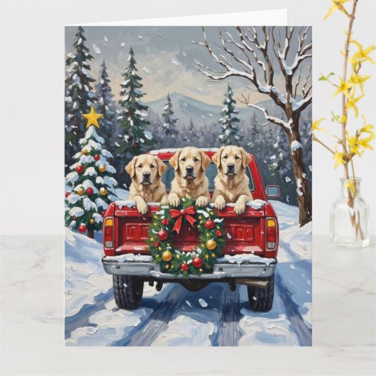 Great Pyrenees Christmas Red Truck Holiday カード (黄色い花)