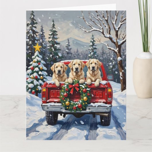 Great Pyrenees Christmas Red Truck Holiday カード (正面)