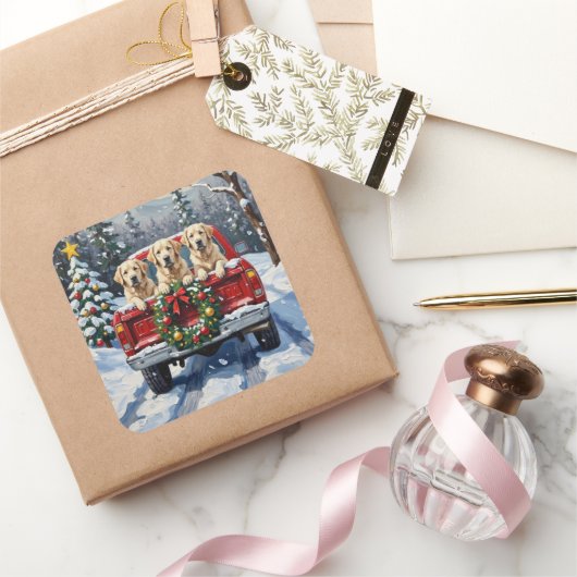 Great Pyrenees Christmas Red Truck Holiday スクエアシール (ギフト)