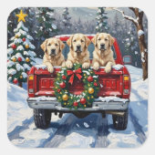 Great Pyrenees Christmas Red Truck Holiday スクエアシール (正面)