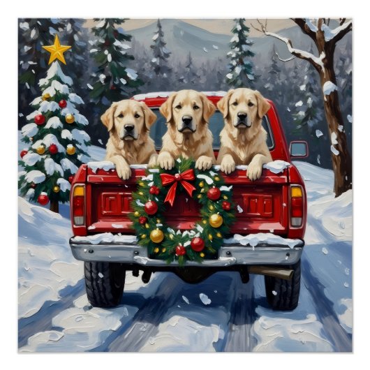 Great Pyrenees Christmas Red Truck Holiday ポスター (正面)