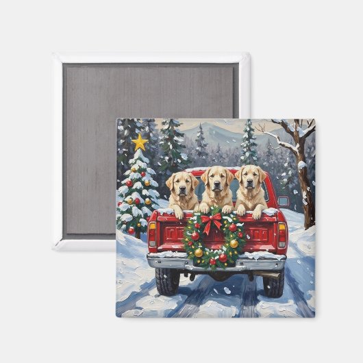 Great Pyrenees Christmas Red Truck Holiday マグネット (正面/裏面)
