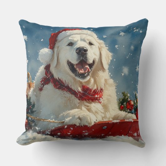 Great Pyrenees Dog in Sledge Let it Snow Christmas クッション (正面)