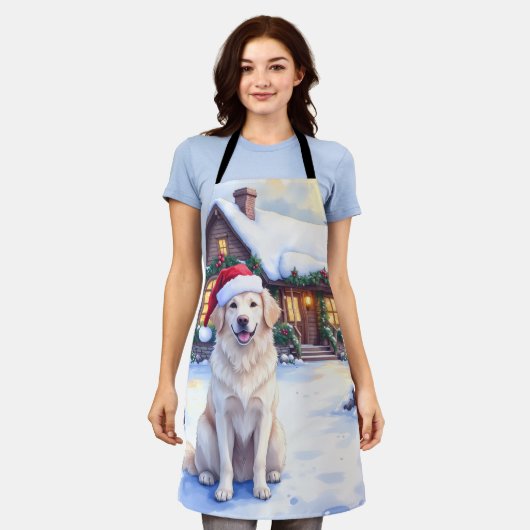 Great Pyrenees Snowy Mountain Lodge Santa Hat エプロン (着用した状態)