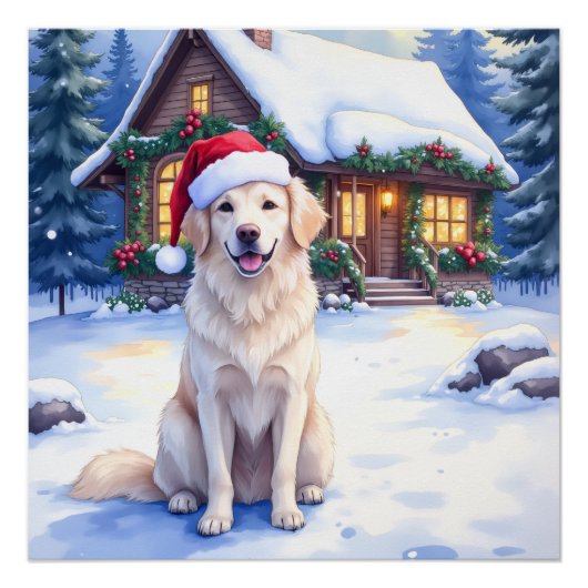 Great Pyrenees Snowy Mountain Lodge Santa Hat ポスター (正面)