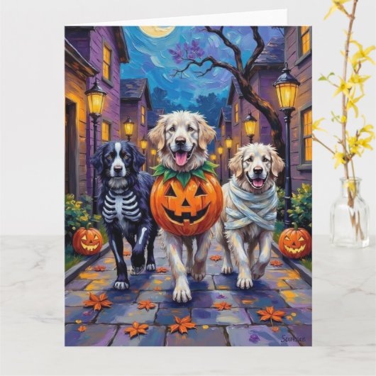 Great Pyrenees Trick-or-Treating Halloween Costume カード (黄色い花)