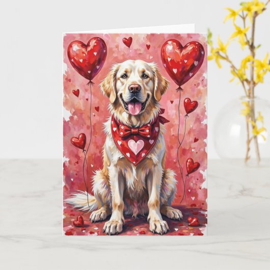 Great Pyrenees Valentine’s Day Dog with Hearts Red カード (黄色い花)