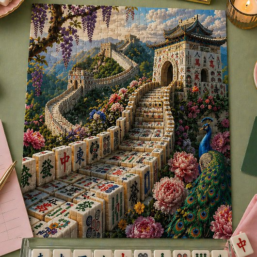 Great Wall Mahjong Tile Scenic Floral Peacock ジグソーパズル