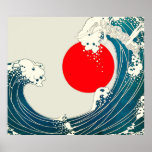 GREAT WAVE AND RED SUN Blue White Nautical ポスター<br><div class="desc">Digital composition and elaboration from Art Deco by Bulgan Lumini ©</div>