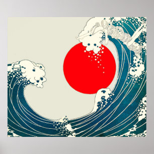 GREAT WAVE AND RED SUN Blue White Nautical ポスター
