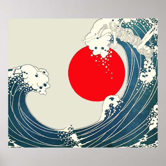 GREAT WAVE AND RED SUN Blue White Nautical ポスター (正面)