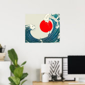 GREAT WAVE AND RED SUN Blue White Nautical ポスター (ホームオフィス)