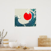 GREAT WAVE AND RED SUN Blue White Nautical ポスター (キッチン)