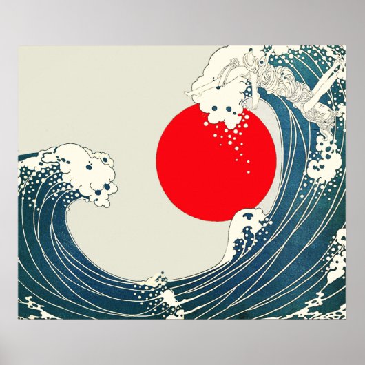 GREAT WAVE AND RED SUN Blue White Nautical ポスター (正面)