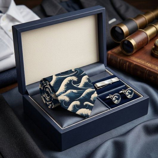 Great Wave Hokusai Navy Blue Japanese Art Pattern ネクタイ