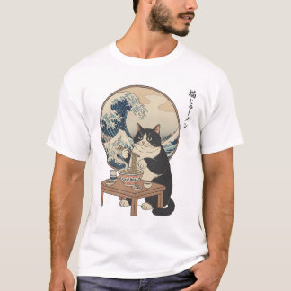 Great Wave Japanese Cat Eating Ramen Funny Art Tシャツ
