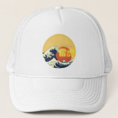 Great Wave & Neon Kanji – Retro Japanese Fuji Des キャップ (正面)