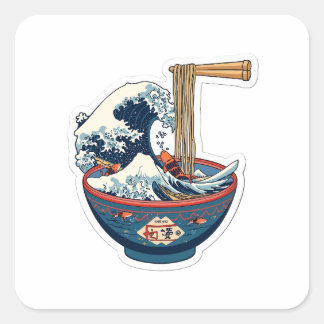 Great Wave Ramen Bowl Japanese Aesthetic 3D Art St スクエアシール