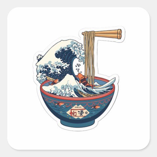 Great Wave Ramen Bowl Japanese Aesthetic 3D Art St スクエアシール (正面)