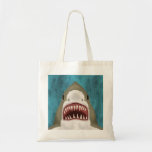 Great White Shark Attack Funny Fish Nautical Beach トートバッグ<br><div class="desc">Your chums will flee in fear when they see your Great White Shark tote bag. The bag has a hand-drawn shark with plenty of pointy teeth, swimming along on a blue / sea green ocean background with bubbles and the silhouettes of fish trying to escape. People will do double-takes when...</div>