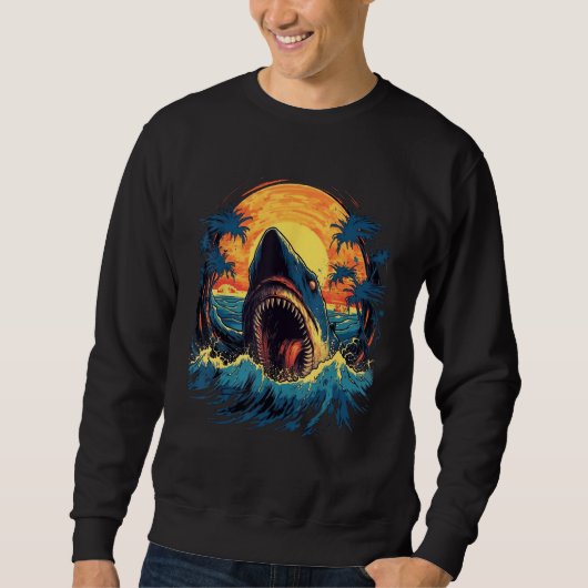 Great White Shark Palm Trees Sunset Shark  Graphic スウェットシャツ (正面)
