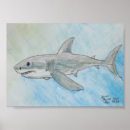Great White Shark Watercolor ポスター (正面)